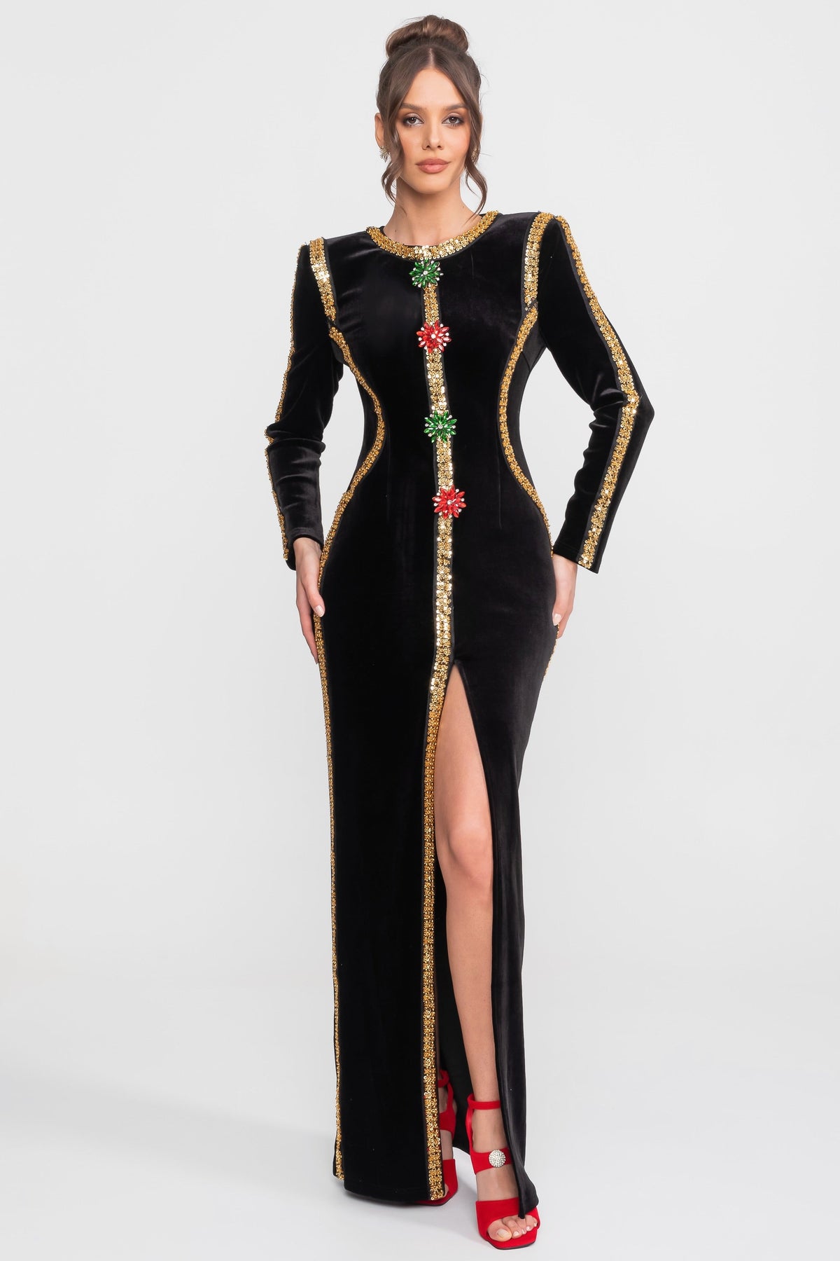 Velvet Long Sleeve Sequin Trim Jewel Embellished High Split Maxi Gown