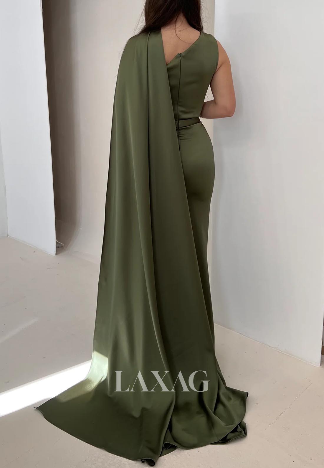 Asymmetrical-Neck Off-Shoulder Formal Gowns Sleeveless Satin Mermaid Evening Dress