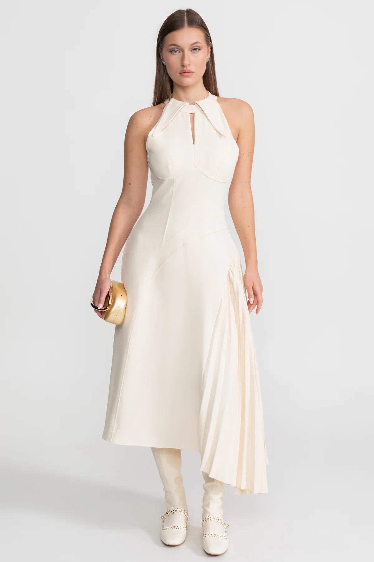 Pleated Halter Midi Dress With Keyhole Detail - Ivoire