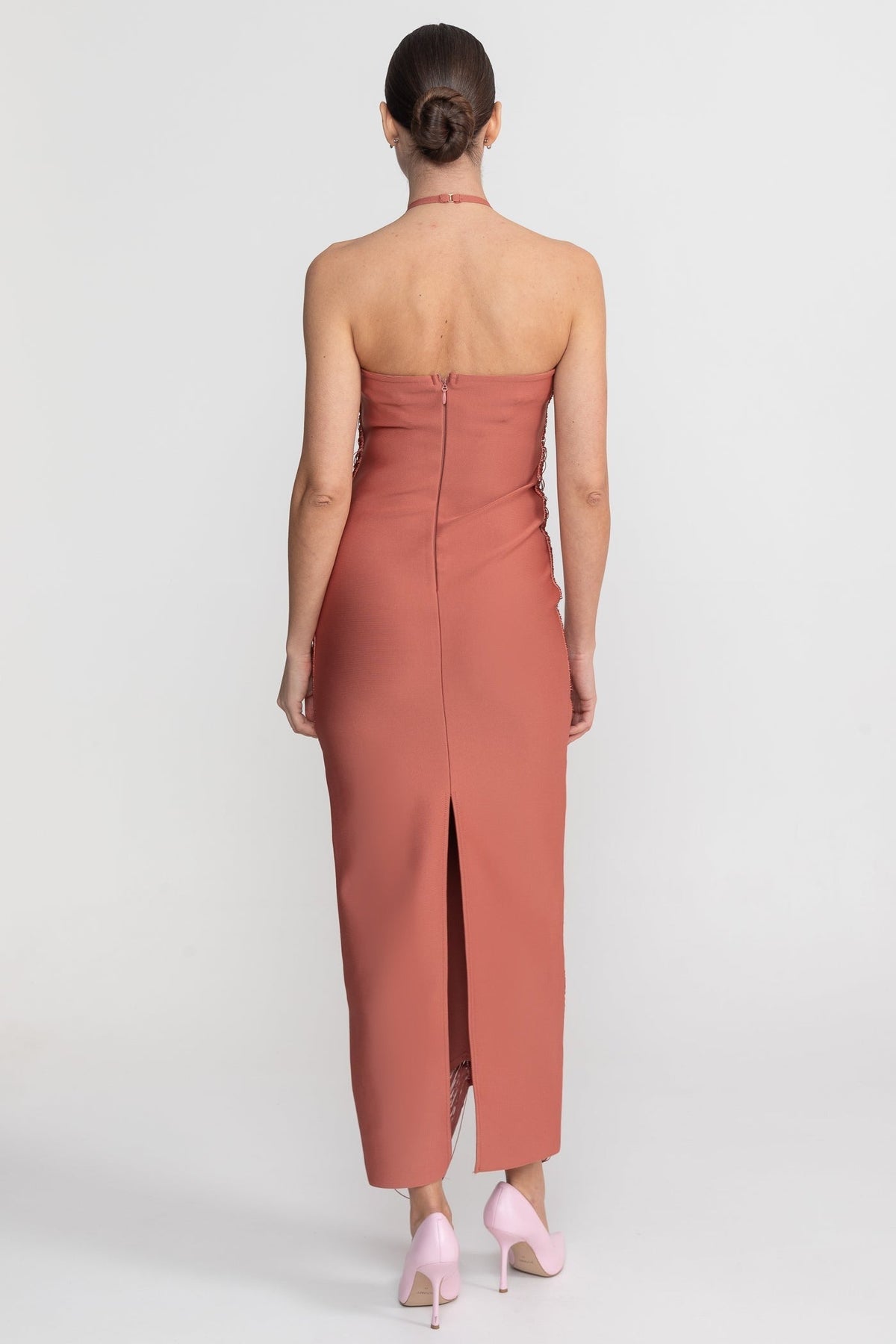 Halter Neck Draped Fringe Strand Bodycon Midi Dress 5