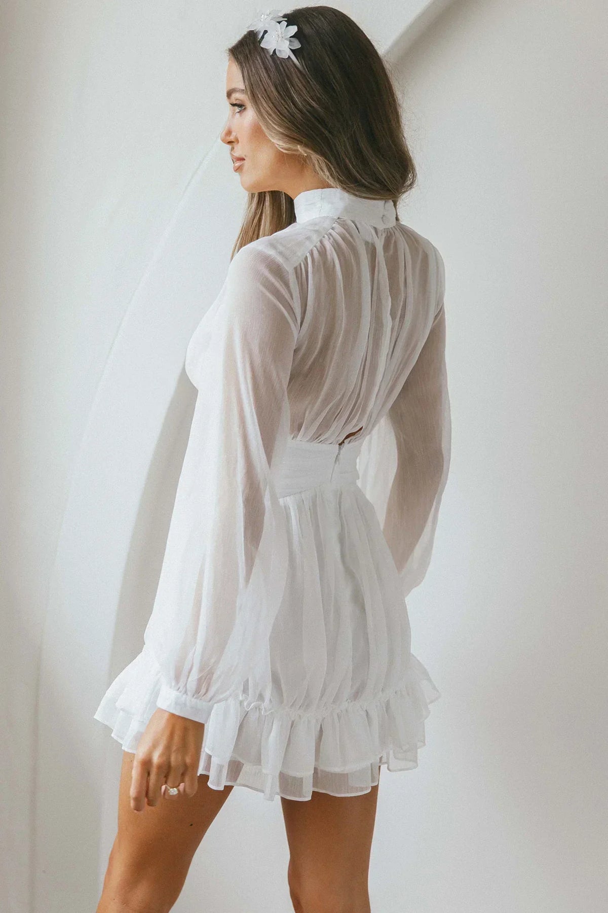 Sheer Chiffon High Neck Long Sleeve Ruffle Hem Mini Dress 2