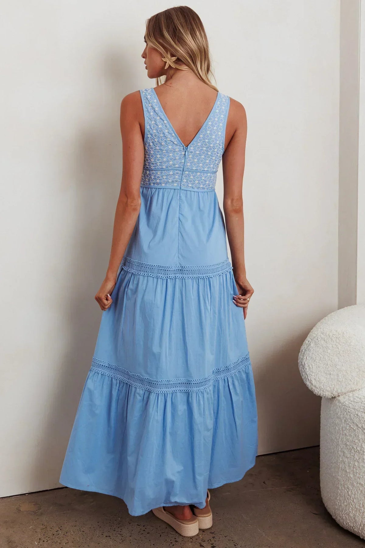 Embroidered Bodice V-Neck Tie Front Lace Trim Tiered Maxi Dress 3
