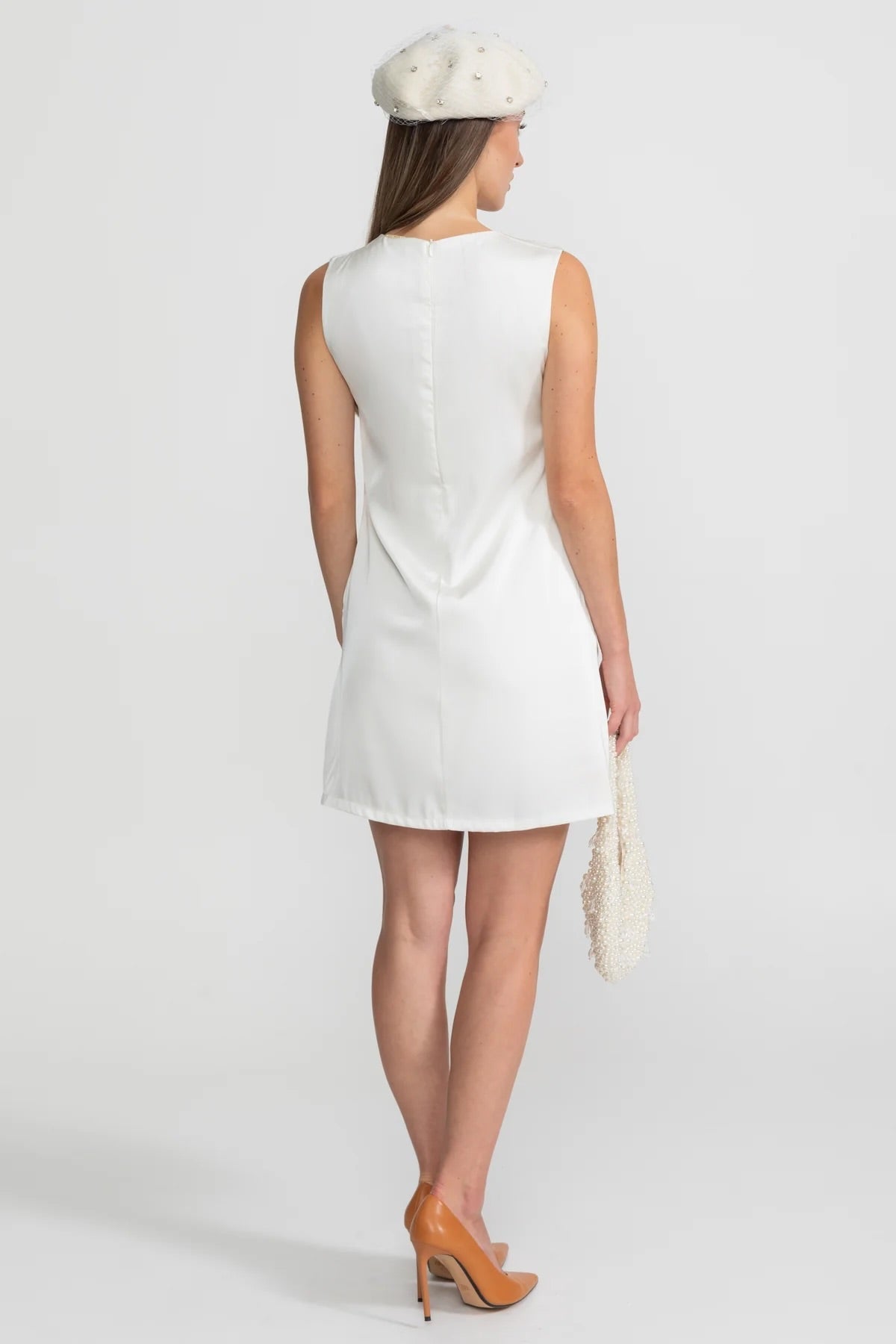 3D Floral Applique Round Neck Sleeveless Satin Shift Mini Dress 5