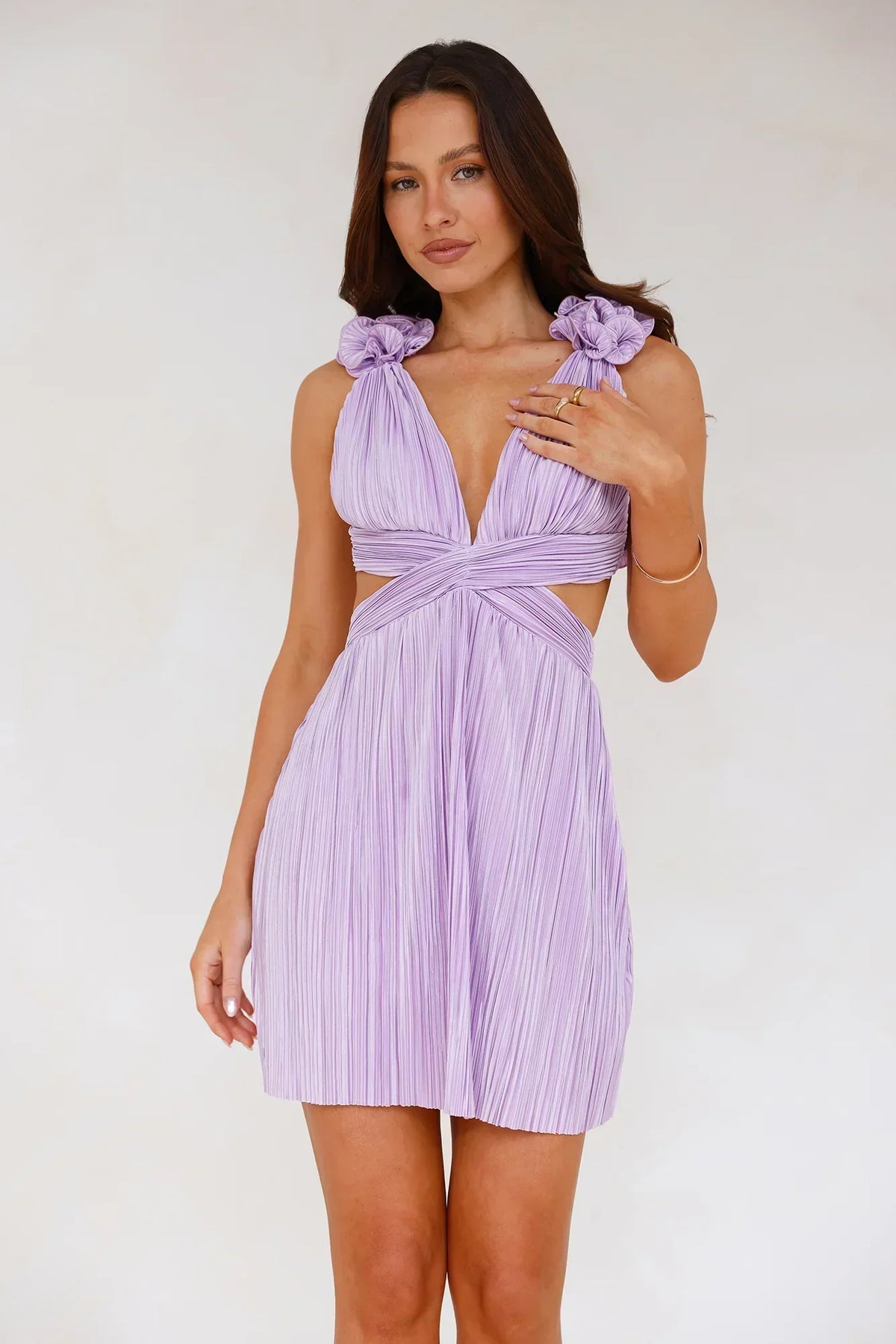 Plisse Rosette Shoulder Plunge V-Neck Twist Waist Cut Out Mini Dress 21