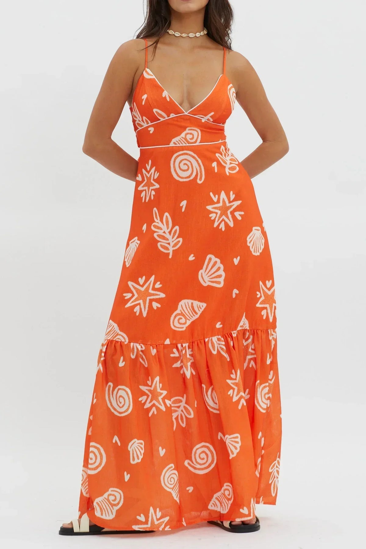 Shell Print V-Neck Contrast Piping Tiered Hem Maxi Dress 4