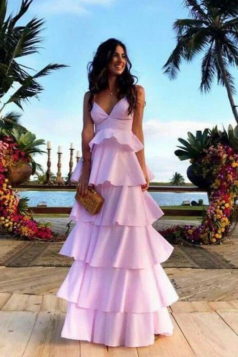 Long Pink V Neck Floor Length Prom Dress cc1112