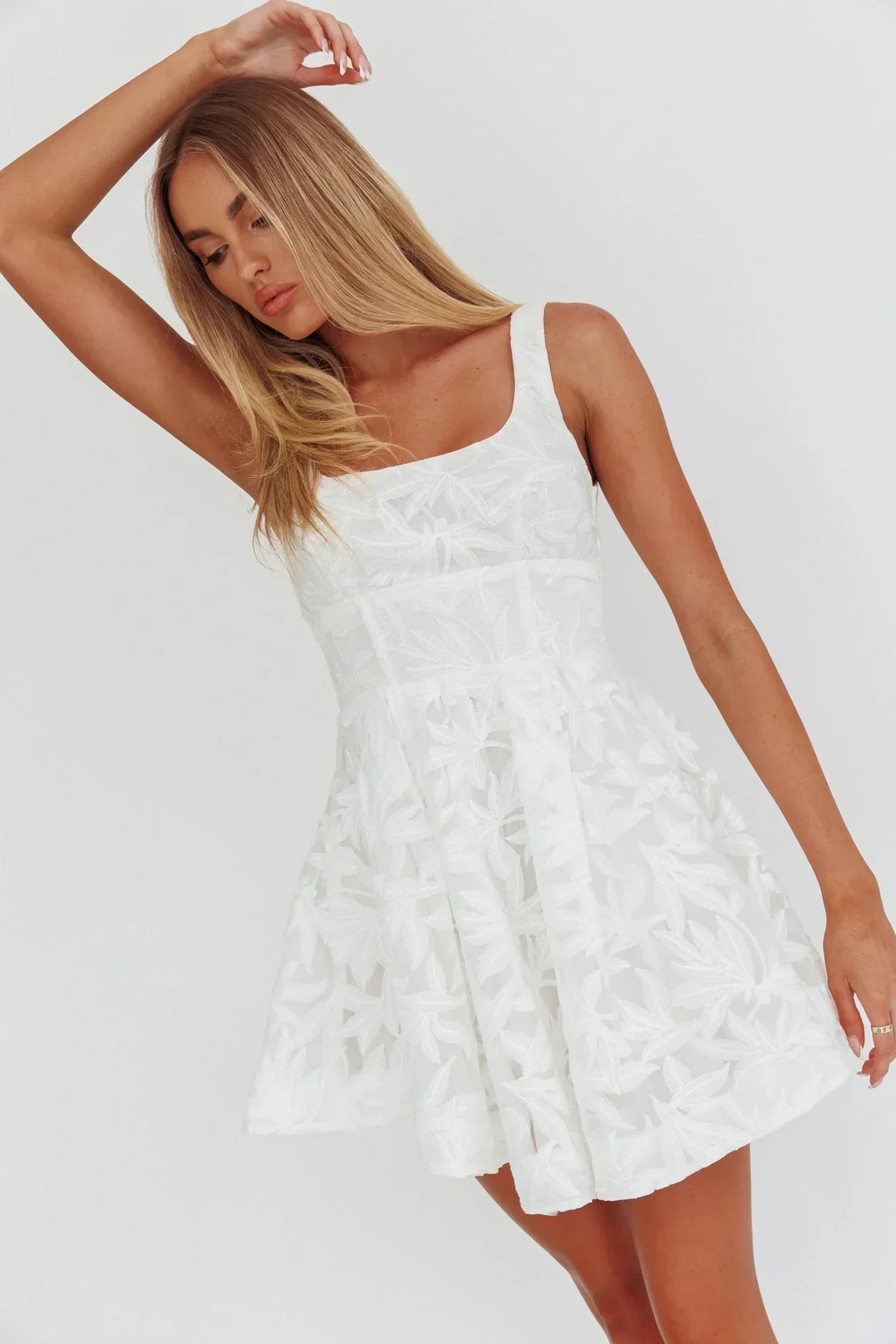 Embroidered Organza Square Neck Fit and Flare Mini Dress 2
