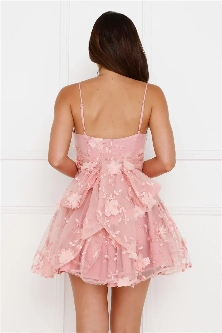 3D Floral Applique Tulle Spaghetti Strap Bow Back Babydoll Mini Dress 5