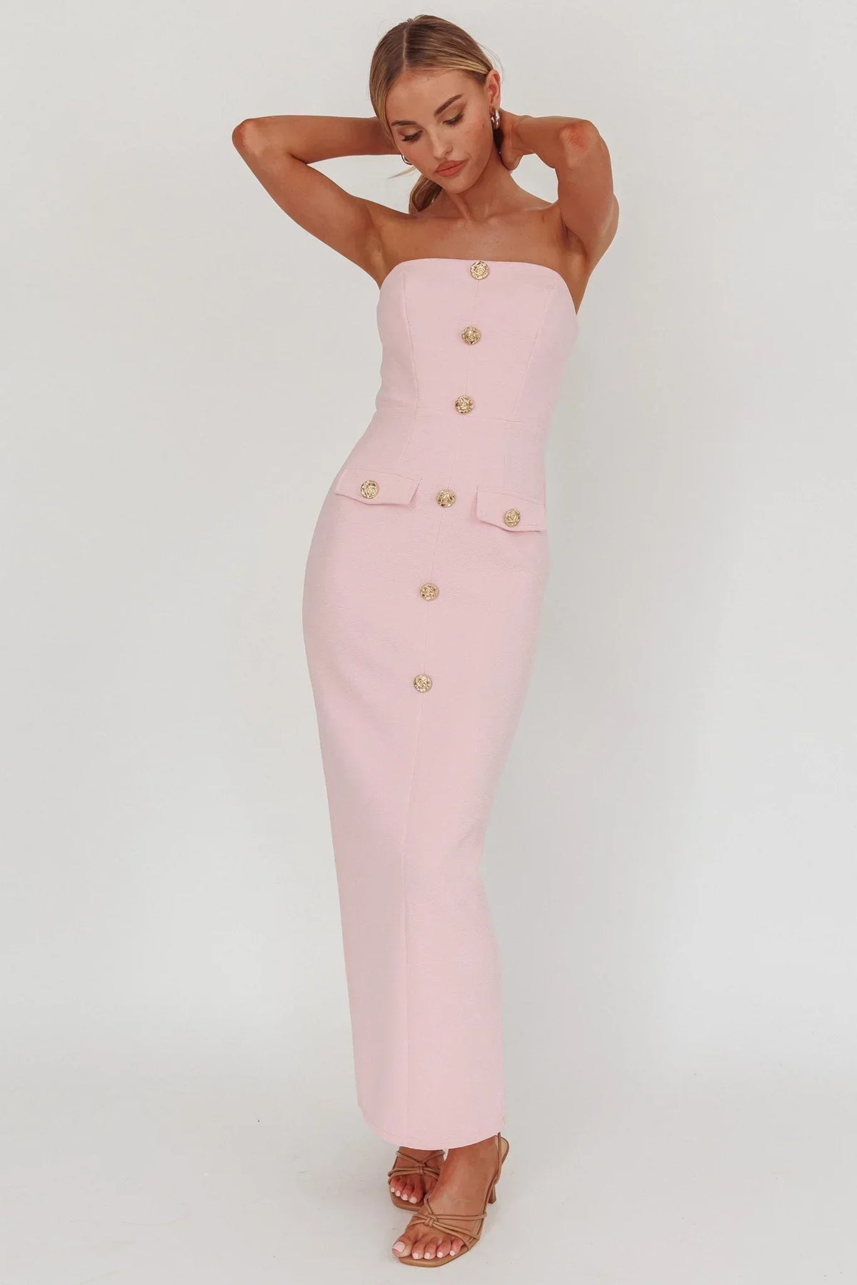Strapless Gold Button Front Flap Pocket Bodycon Maxi Dress 4