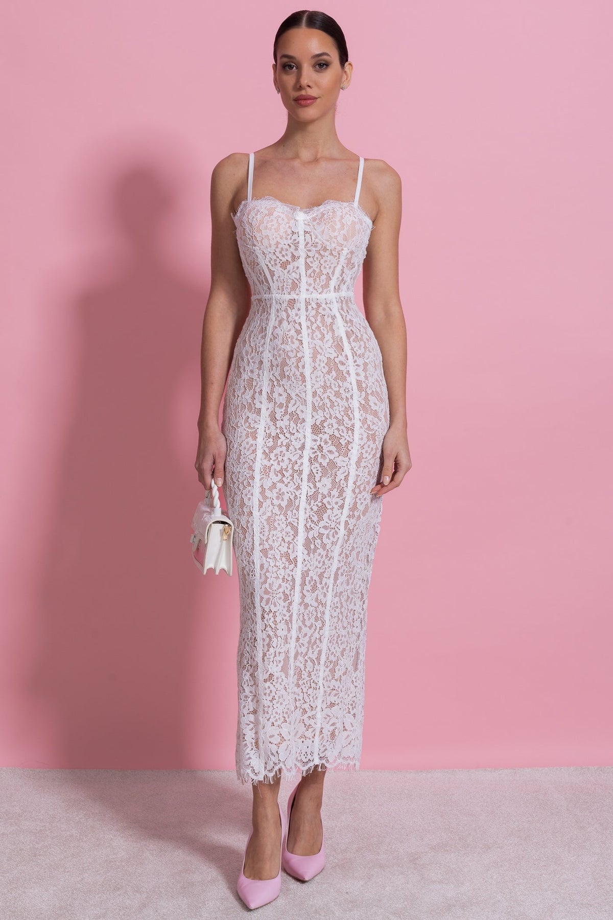 Lace Sweetheart Neck Spaghetti Strap Corset Bodice Scalloped Hem Midi Dress 8
