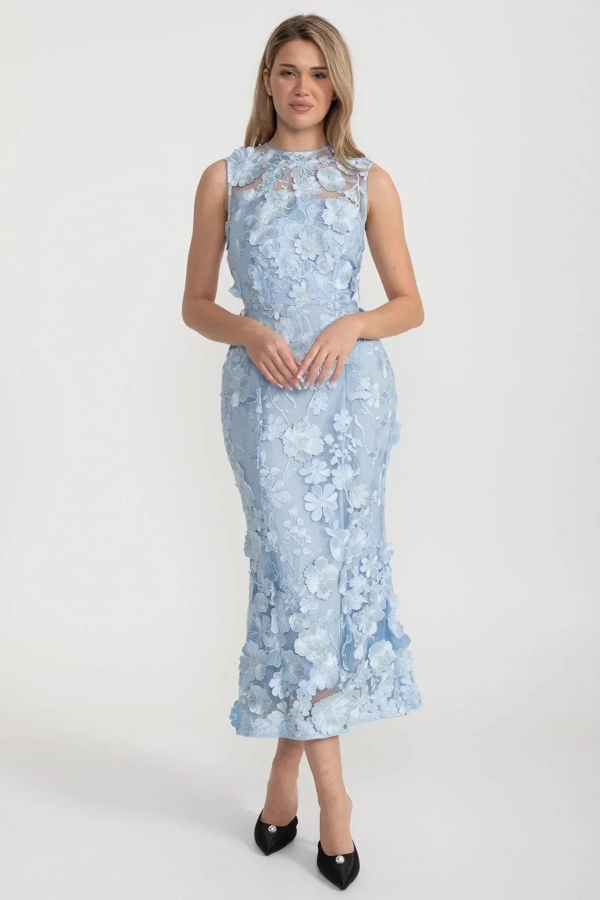 3D Floral Applique Sleeveless High Neck Mesh Sheath Midi Dress