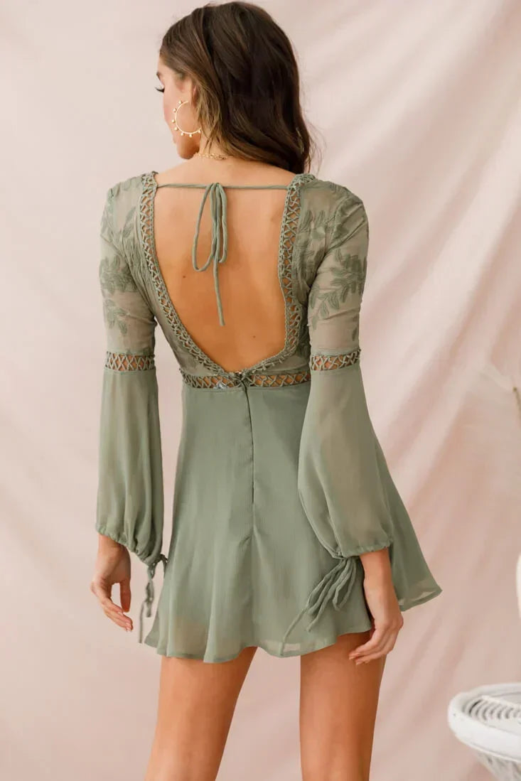 Embroidered Deep V-Neck Crochet Trim Balloon Sleeve Mini Dress 11