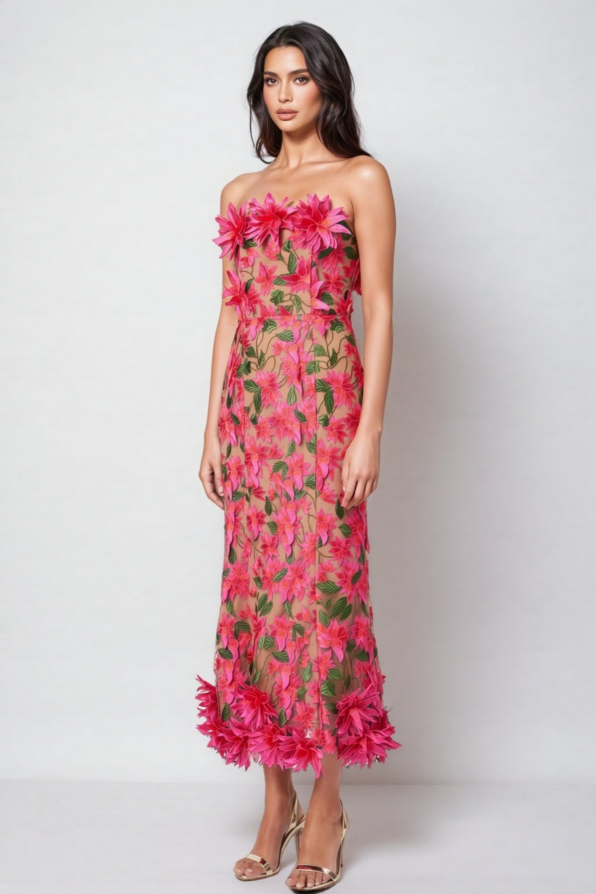 Mesh 3D Floral Midi Dress - View 2