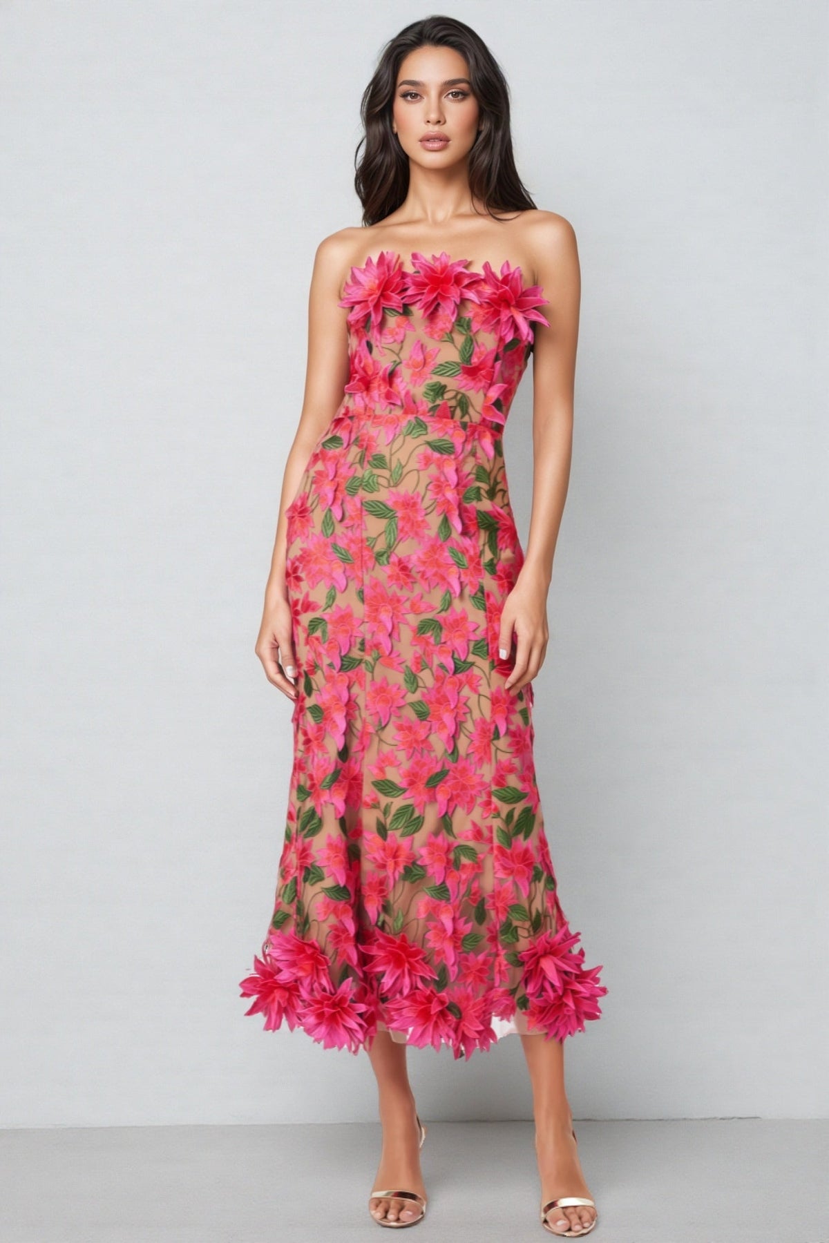 Mesh 3D Floral Midi Dress - View 3