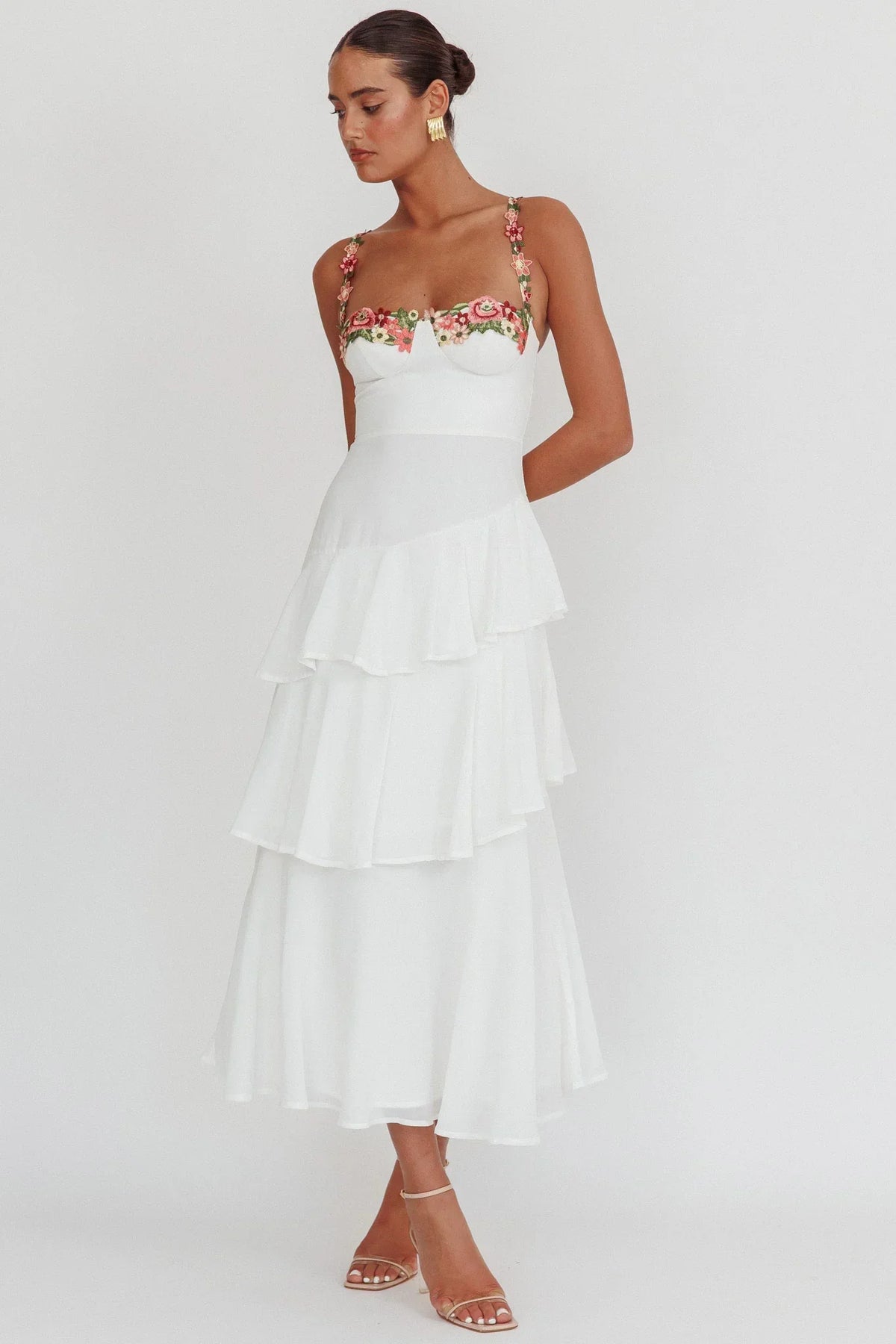 Floral Embroidered Trim Bustier Tiered Ruffle Maxi Dress 5
