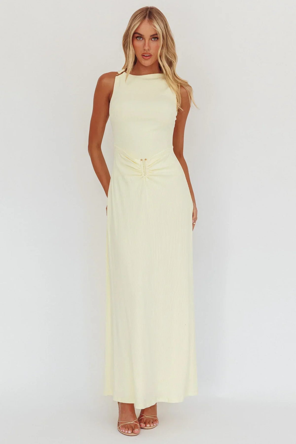 Sleeveless Boat Neck Ruched Waist Hardware Detail Maxi Dress 5