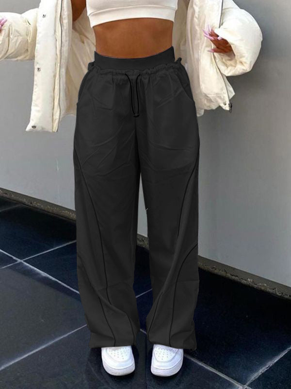 Elastic Drawstring Waist Contrast Piping Wide Leg Parachute Pants 28