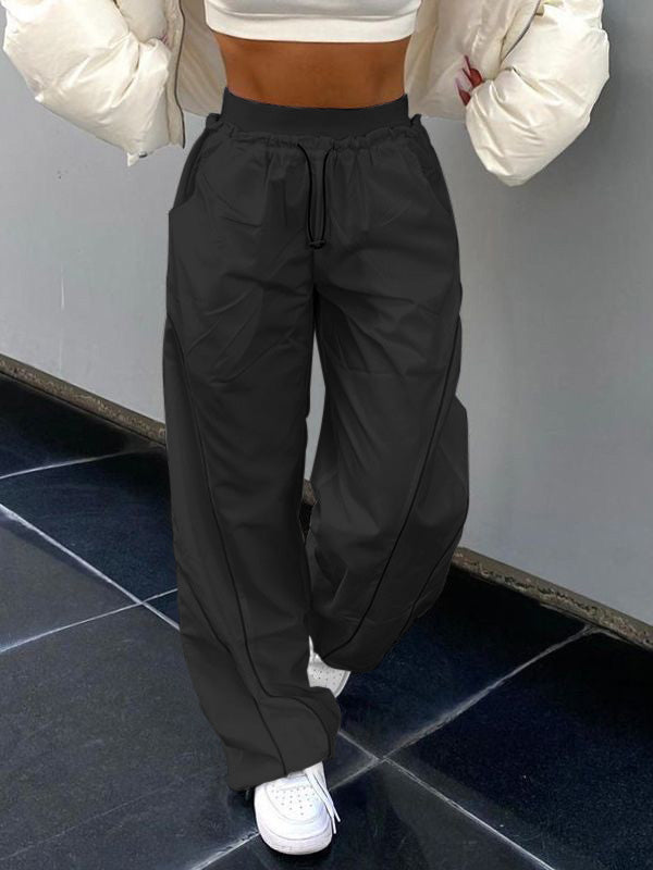 Elastic Drawstring Waist Contrast Piping Wide Leg Parachute Pants 33