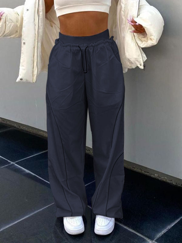 Elastic Drawstring Waist Contrast Piping Wide Leg Parachute Pants 17