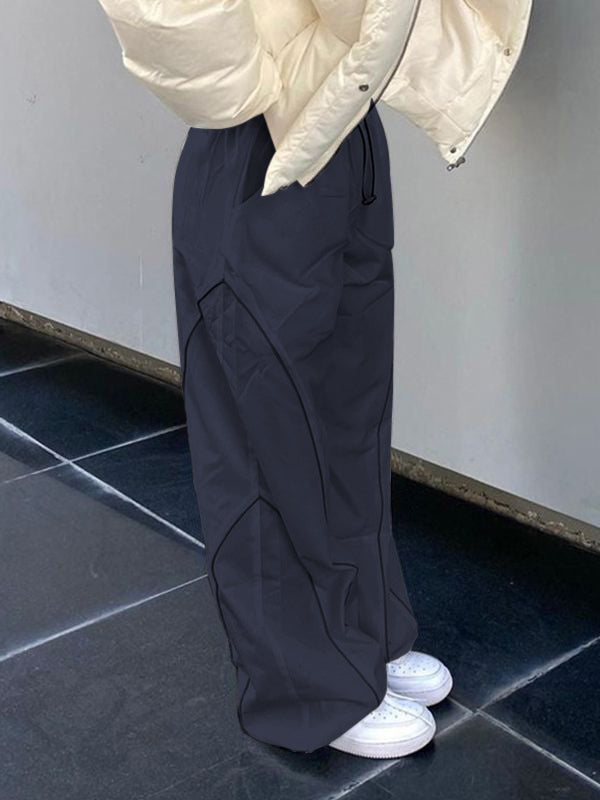 Elastic Drawstring Waist Contrast Piping Wide Leg Parachute Pants 41