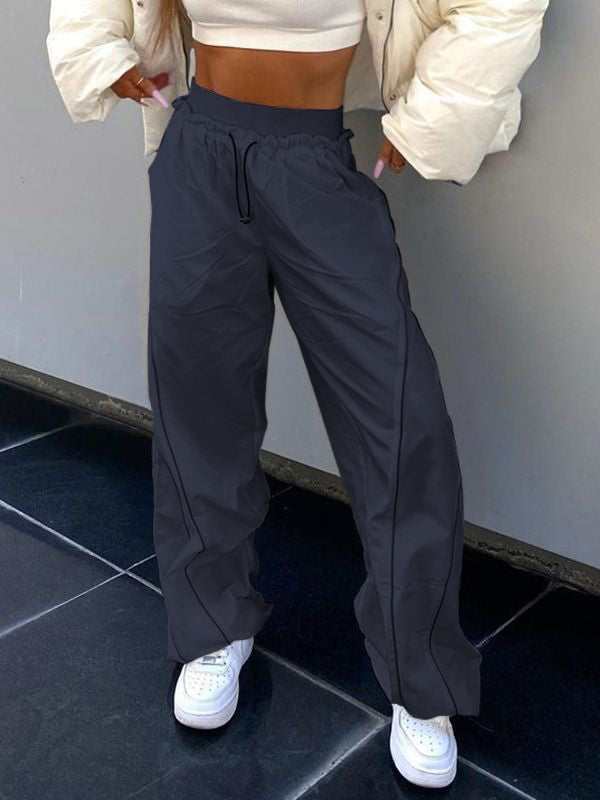 Elastic Drawstring Waist Contrast Piping Wide Leg Parachute Pants 42