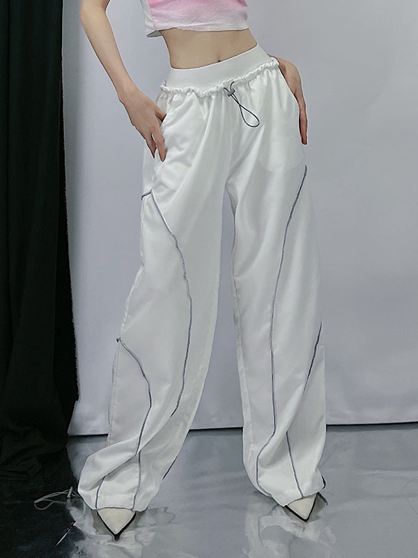 Elastic Drawstring Waist Contrast Piping Wide Leg Parachute Pants 35