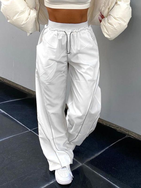 Elastic Drawstring Waist Contrast Piping Wide Leg Parachute Pants 40