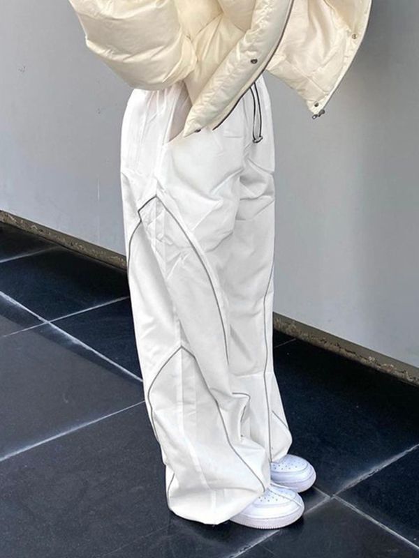 Elastic Drawstring Waist Contrast Piping Wide Leg Parachute Pants 37
