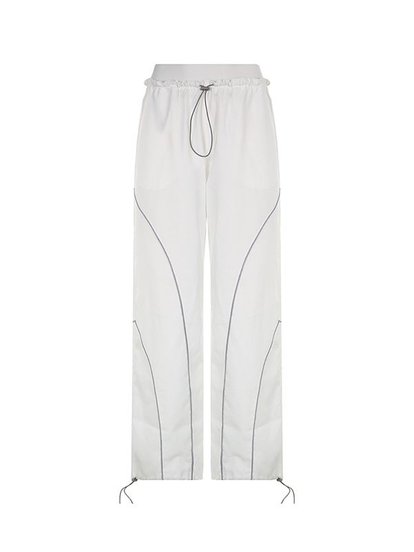 Elastic Drawstring Waist Contrast Piping Wide Leg Parachute Pants 10