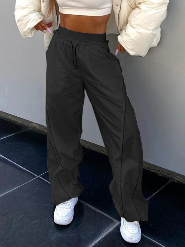 Elastic Drawstring Waist Contrast Piping Wide Leg Parachute Pants 14