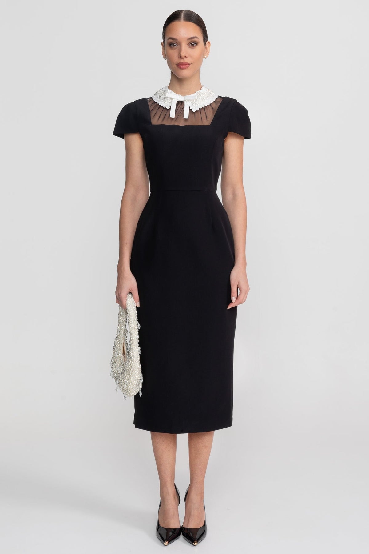 Cap Sleeve Sheer Mesh Yoke Bow Collar Sheath Midi Dress