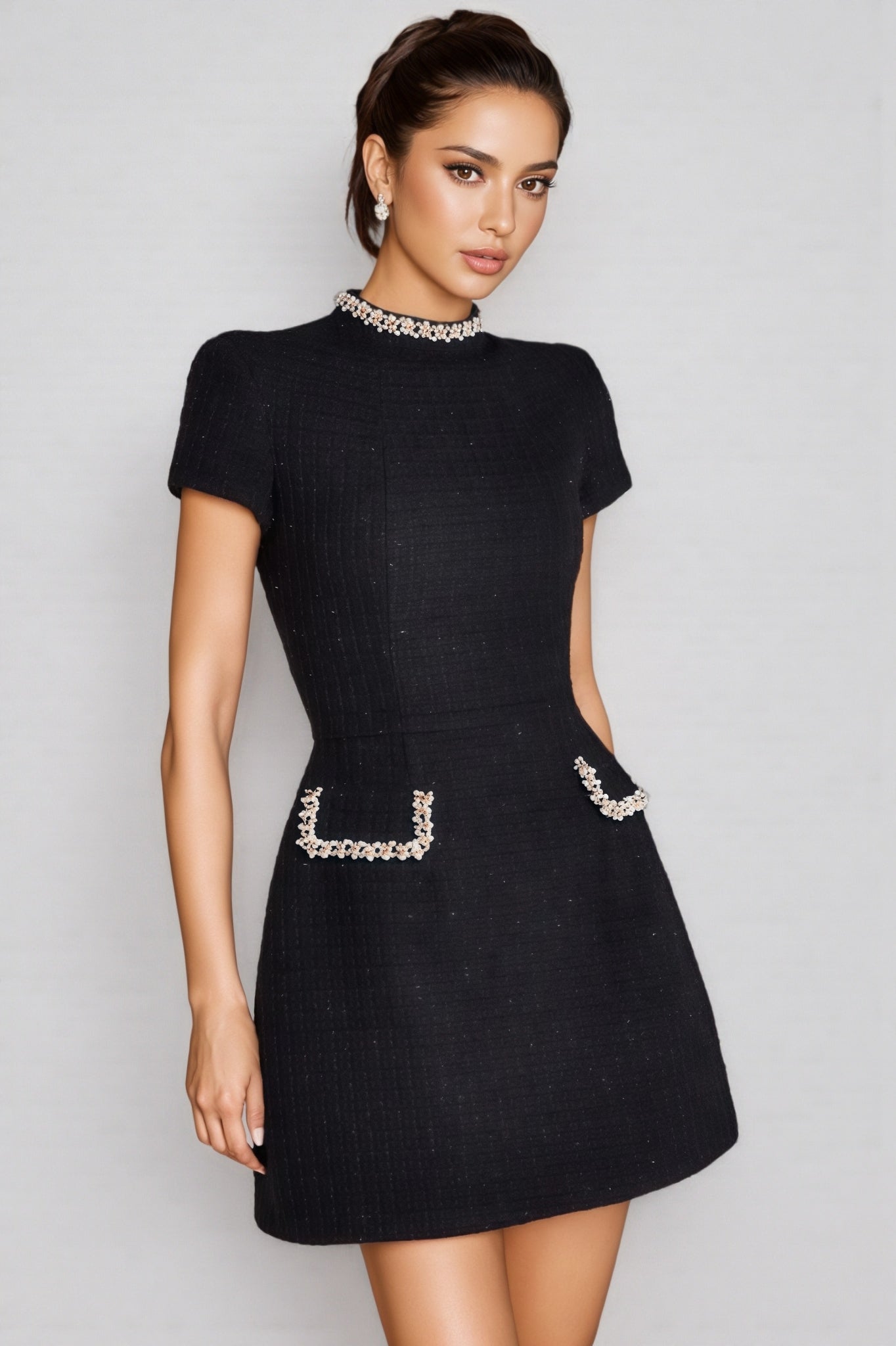 Pearl Trim Mock Neck Cap Sleeve Boucle Pocket Detail Mini Dress
