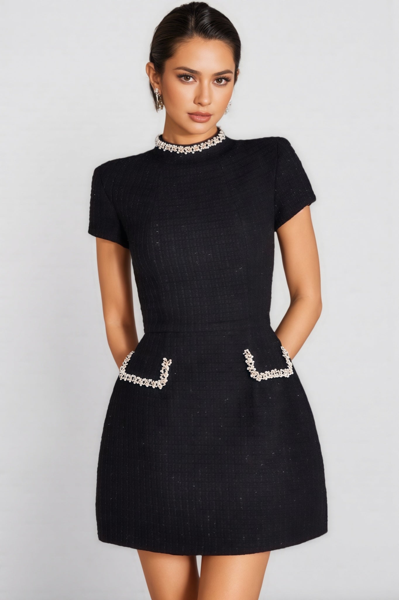Pearl Trim Mock Neck Cap Sleeve Boucle Pocket Detail Mini Dress - View 2