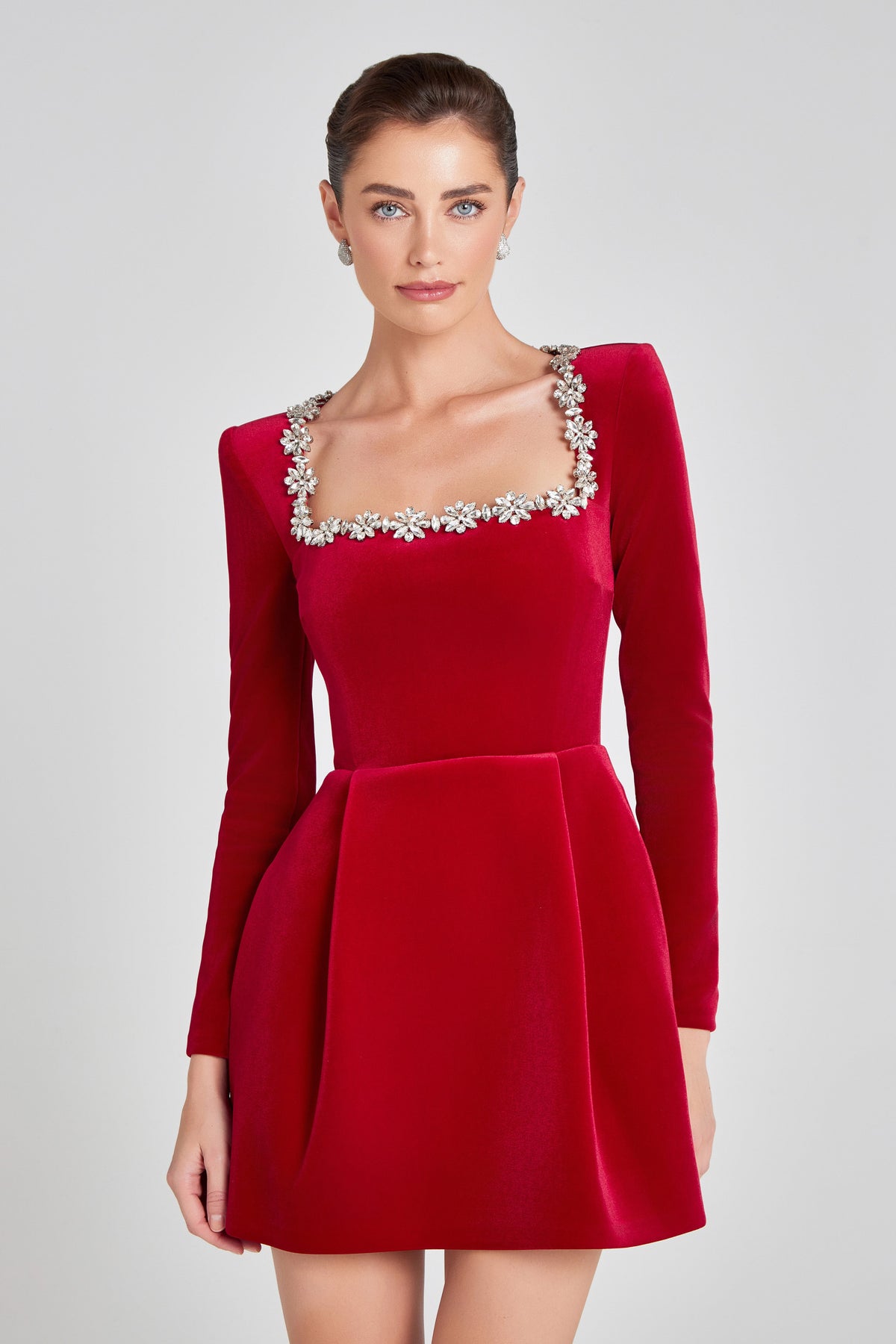 Velvet Square Neck Long Sleeve Rhinestone Trim Mini Dress 10
