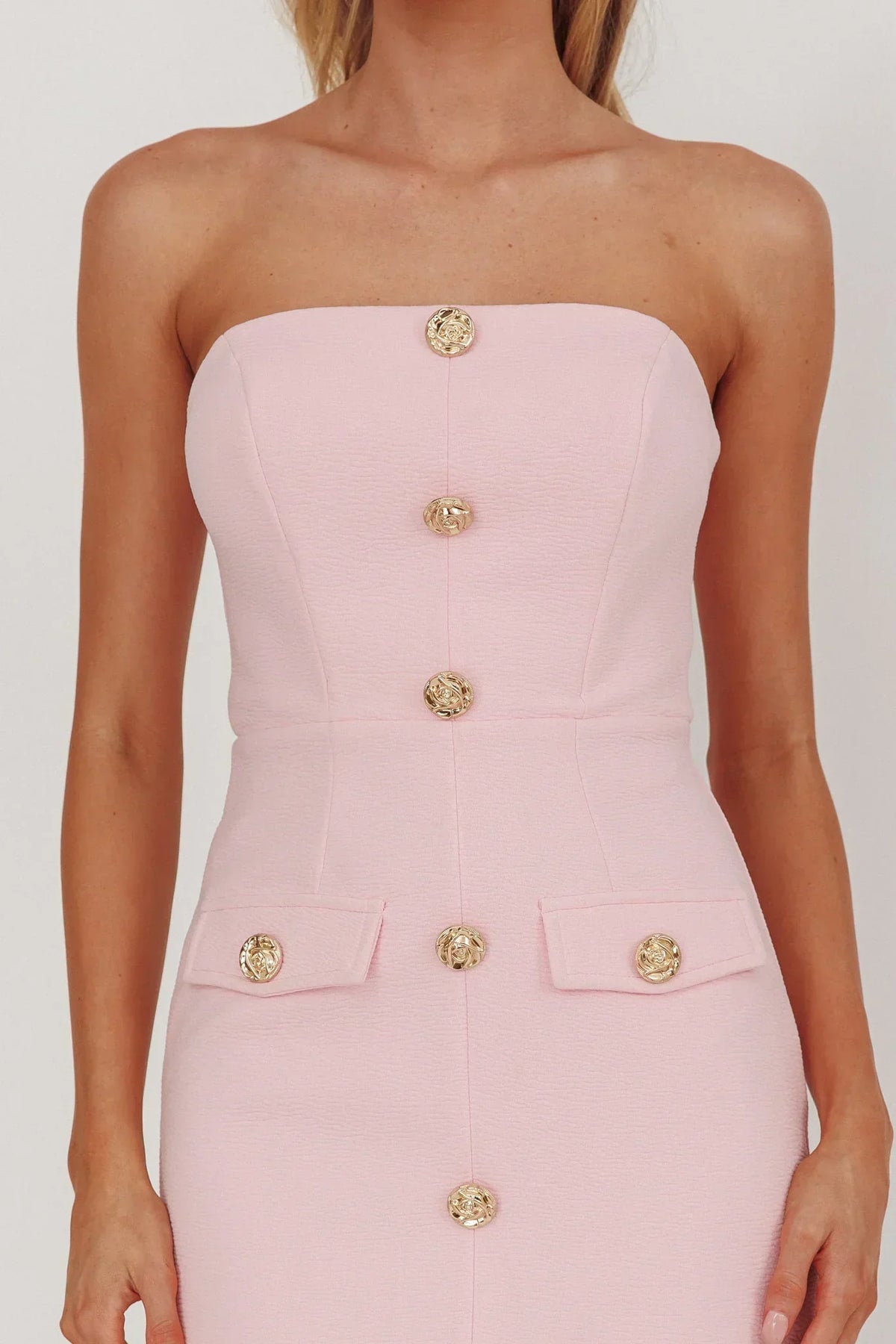 Strapless Gold Button Front Flap Pocket Bodycon Maxi Dress 3