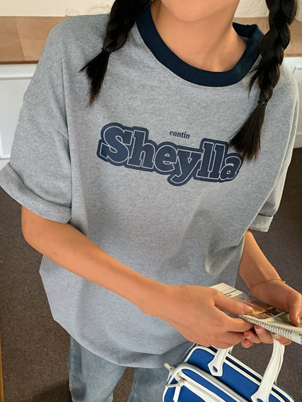 Letter Print Contrast Ringer Neck Short Sleeve Oversized T-Shirt 2