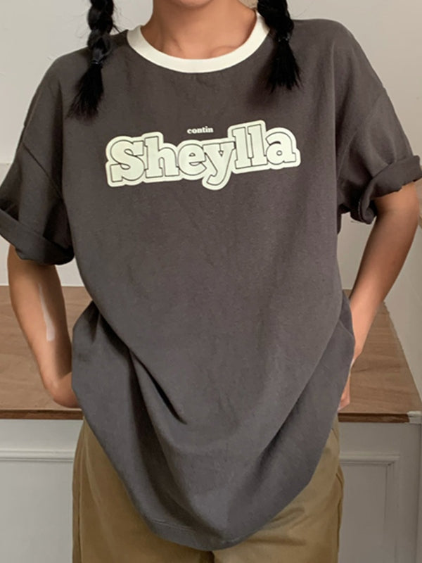 Letter Print Contrast Ringer Neck Short Sleeve Oversized T-Shirt 7