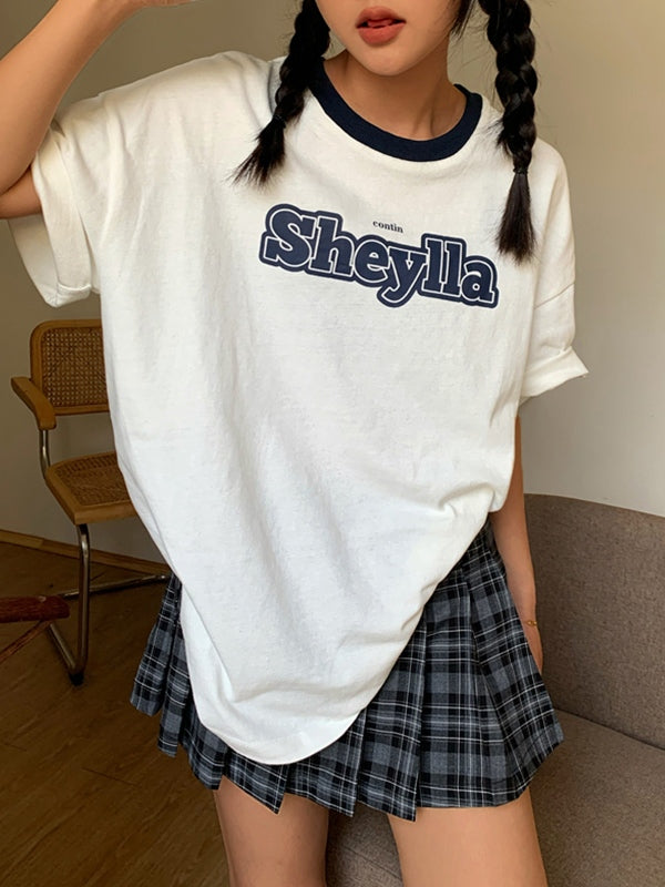 Letter Print Contrast Ringer Neck Short Sleeve Oversized T-Shirt 8