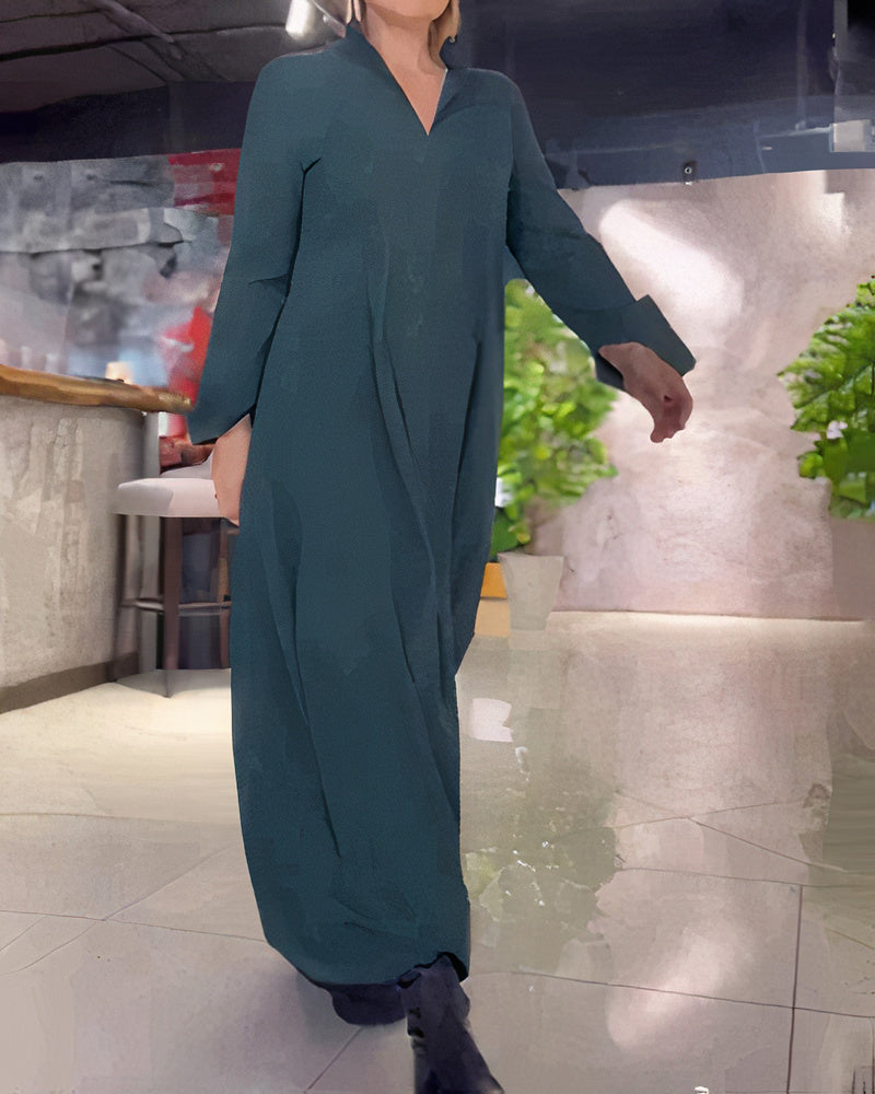 Deep V-Neck Long Sleeve Wide Cuff Loose Maxi Dress