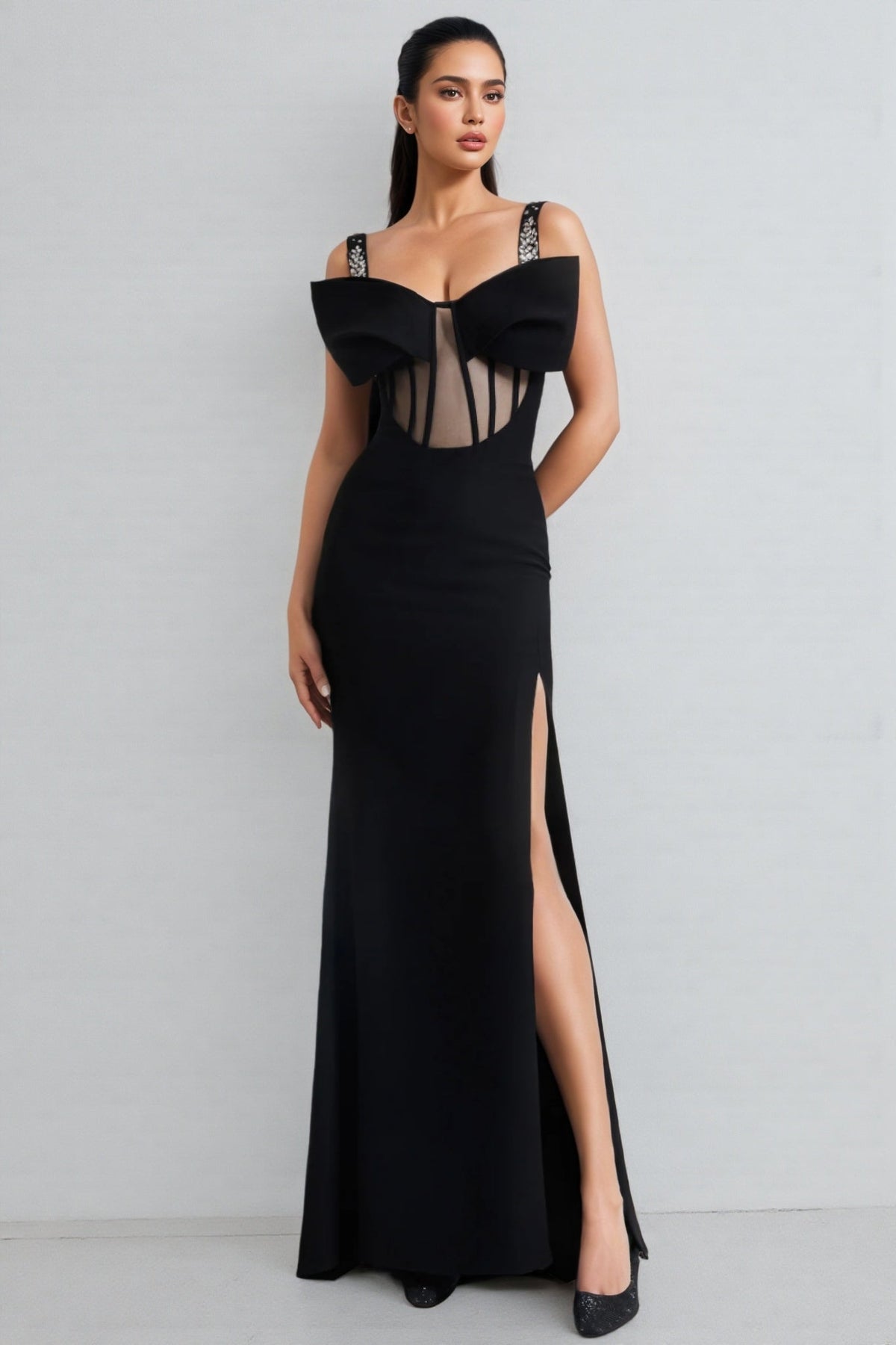 Bow Bust Sheer Mesh Corset Embellished Strap High Split Maxi Dress