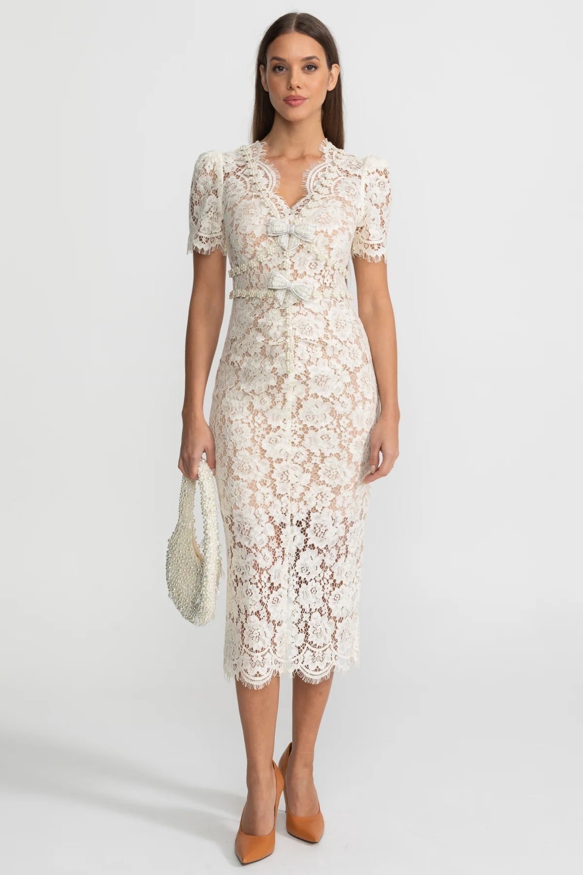 Floral Lace V-Neck Short Sleeve Bow Front Scalloped Hem Midi Dress 3