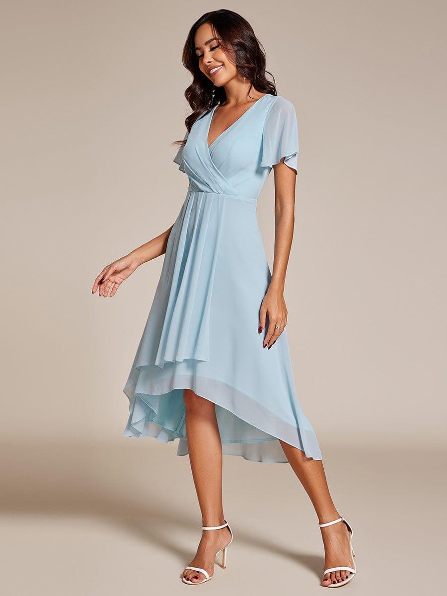 V-Neck Flutter Sleeve Chiffon High Low Midi Dress Wedding Guest