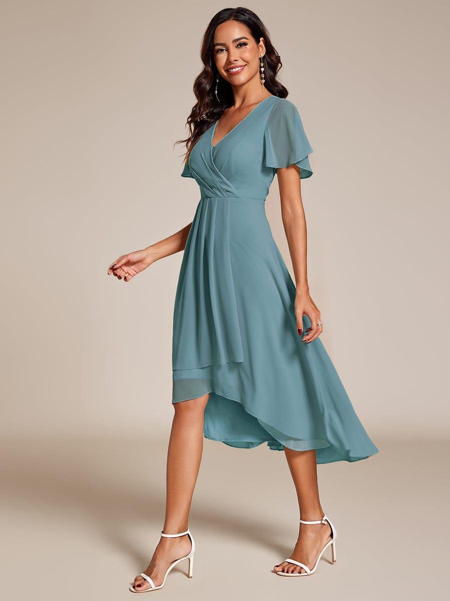 V-Neck Flutter Sleeve Chiffon High Low Midi Dress Wedding Guest
