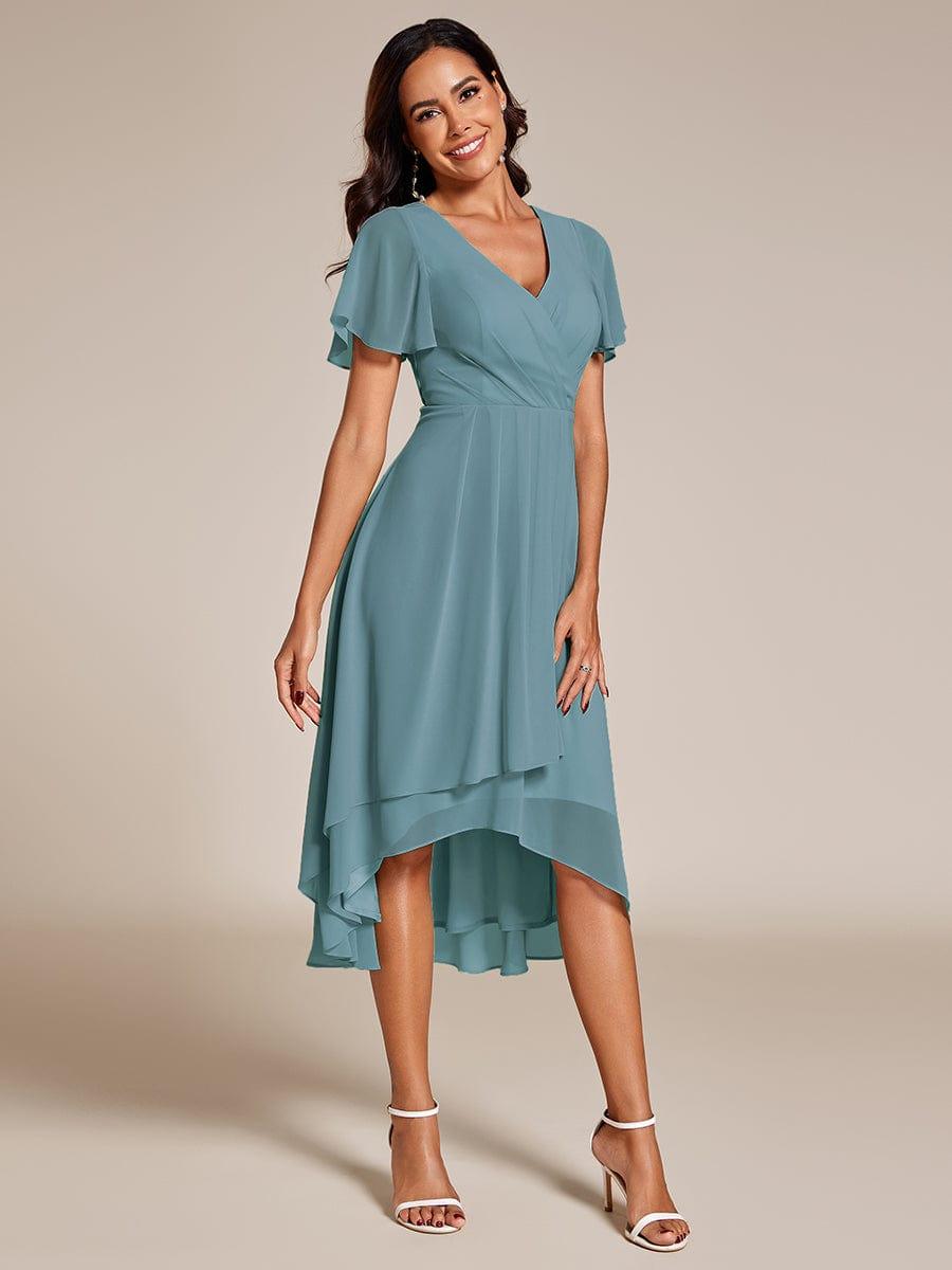 V-Neck Flutter Sleeve Chiffon High Low Midi Dress Wedding Guest
