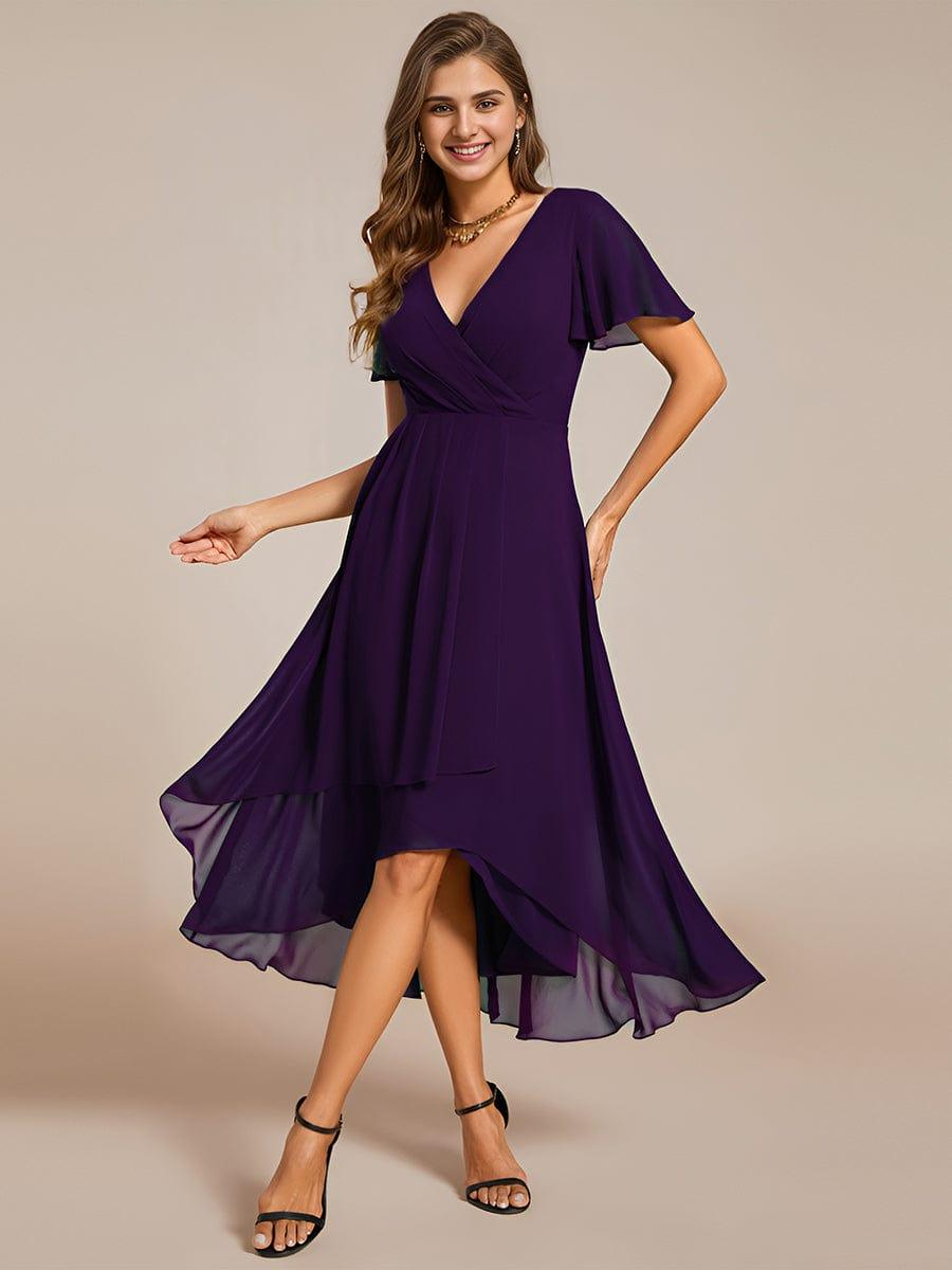 V-Neck Flutter Sleeve Chiffon High Low Midi Dress Wedding Guest