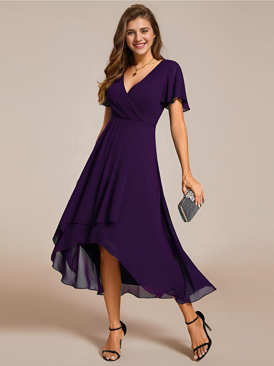V-Neck Flutter Sleeve Chiffon High Low Midi Dress Wedding Guest