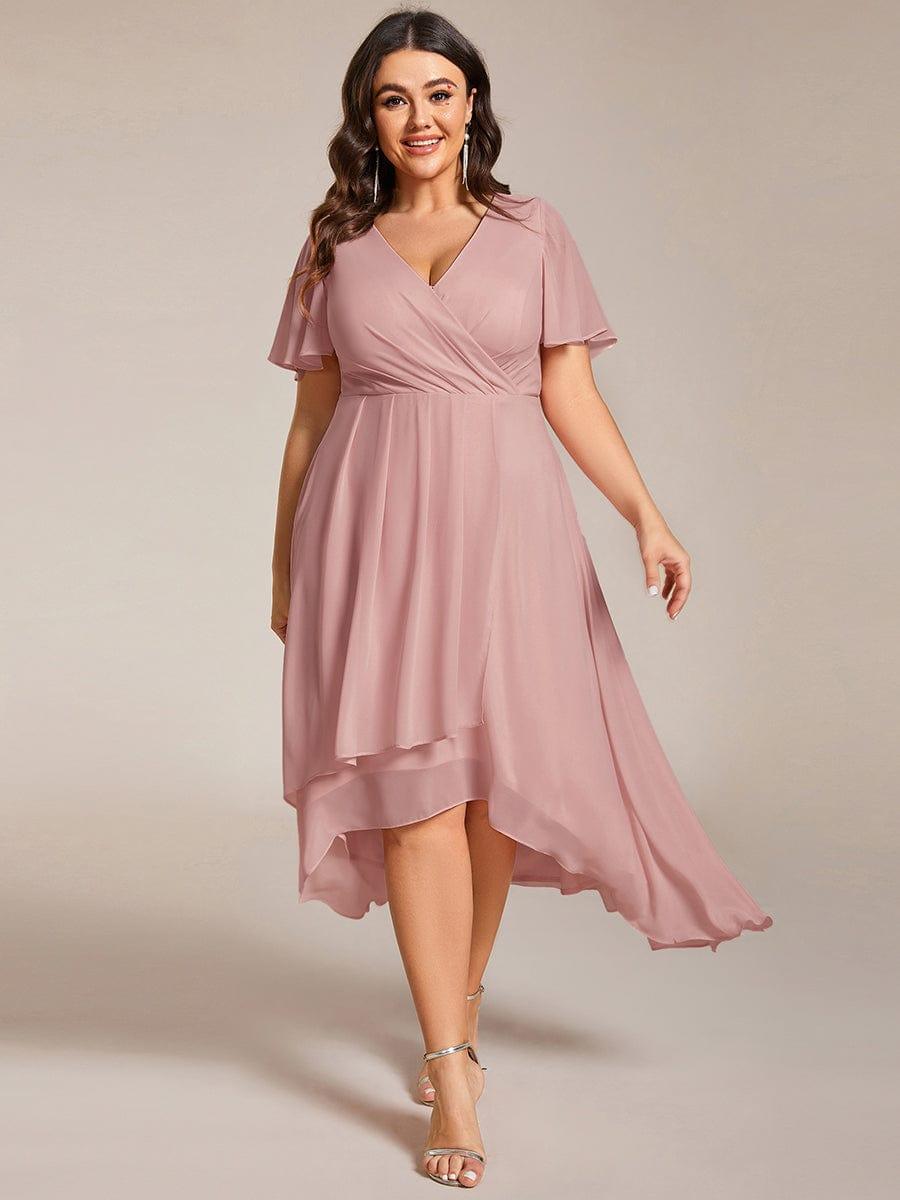 V-Neck Flutter Sleeve Chiffon High Low Midi Dress Wedding Guest