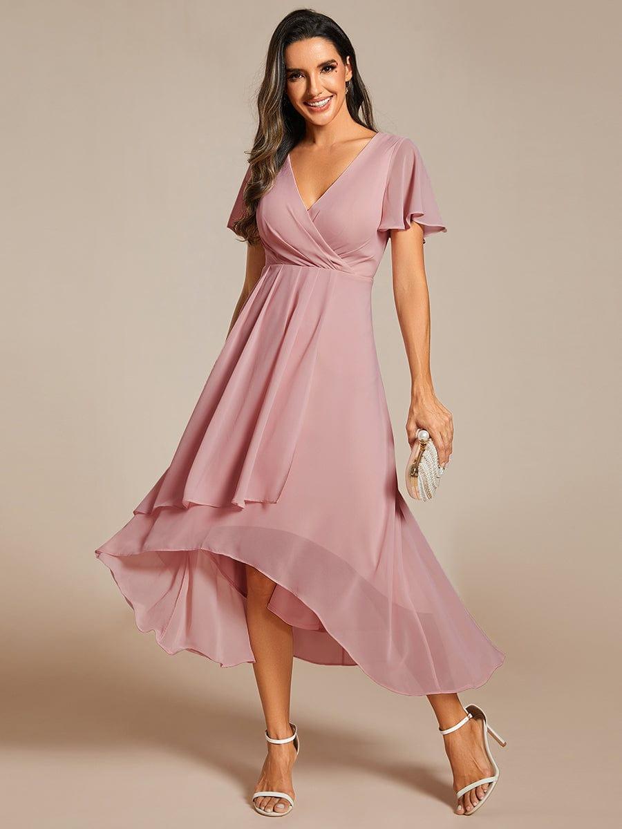 V-Neck Flutter Sleeve Chiffon High Low Midi Dress Wedding Guest