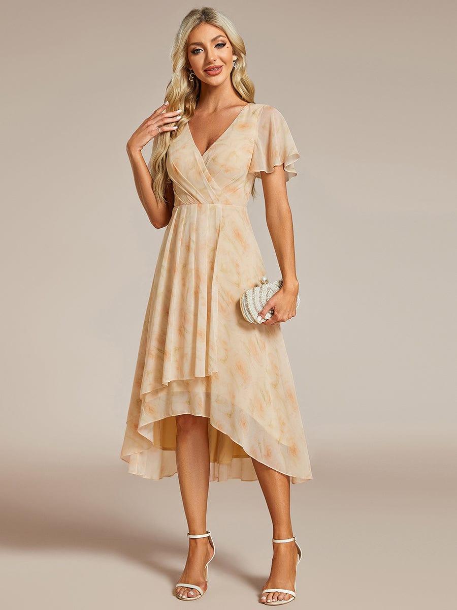 V-Neck Flutter Sleeve Chiffon High Low Midi Dress Wedding Guest
