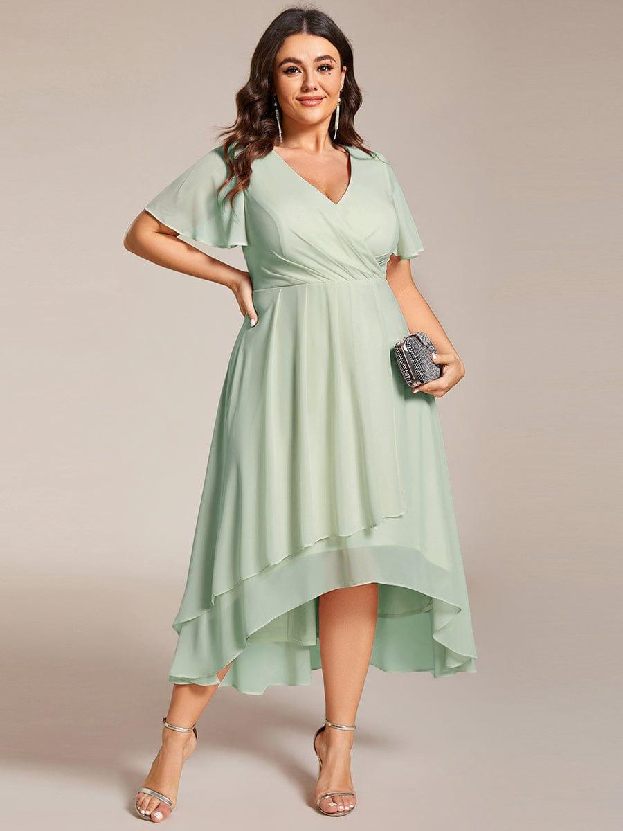 V-Neck Flutter Sleeve Chiffon High Low Midi Dress Wedding Guest